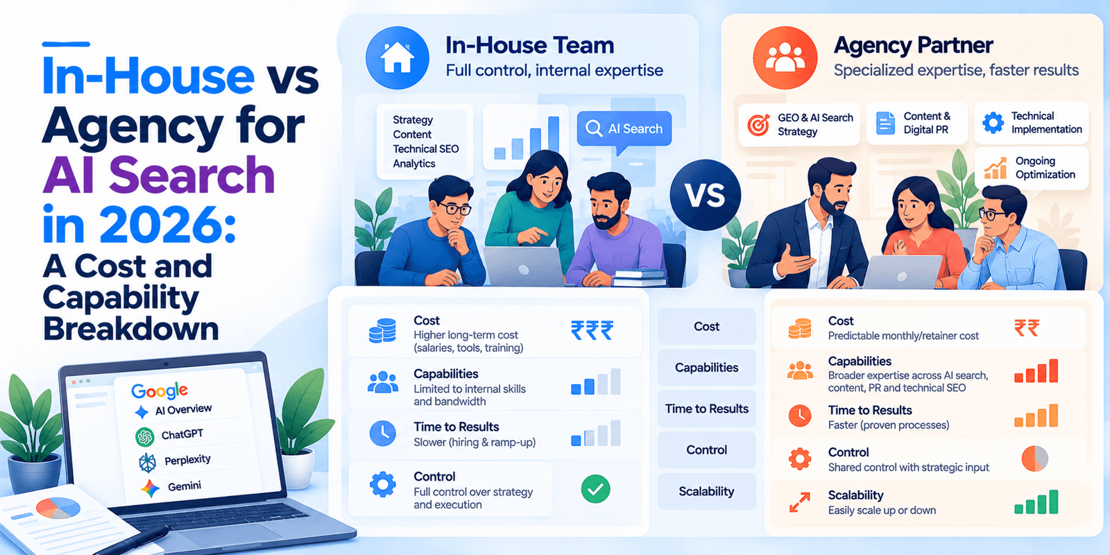 Cost comparison chart of in-house marketing hire versus agency retainer for AI search work
