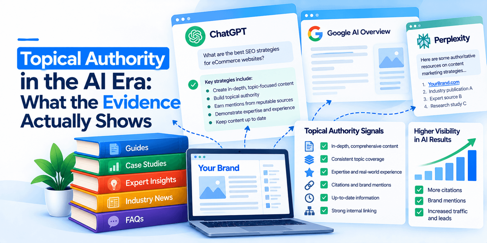 Bar chart ranking AI brand visibility factors, with number of site pages lowest at 0.194 and mentions highest