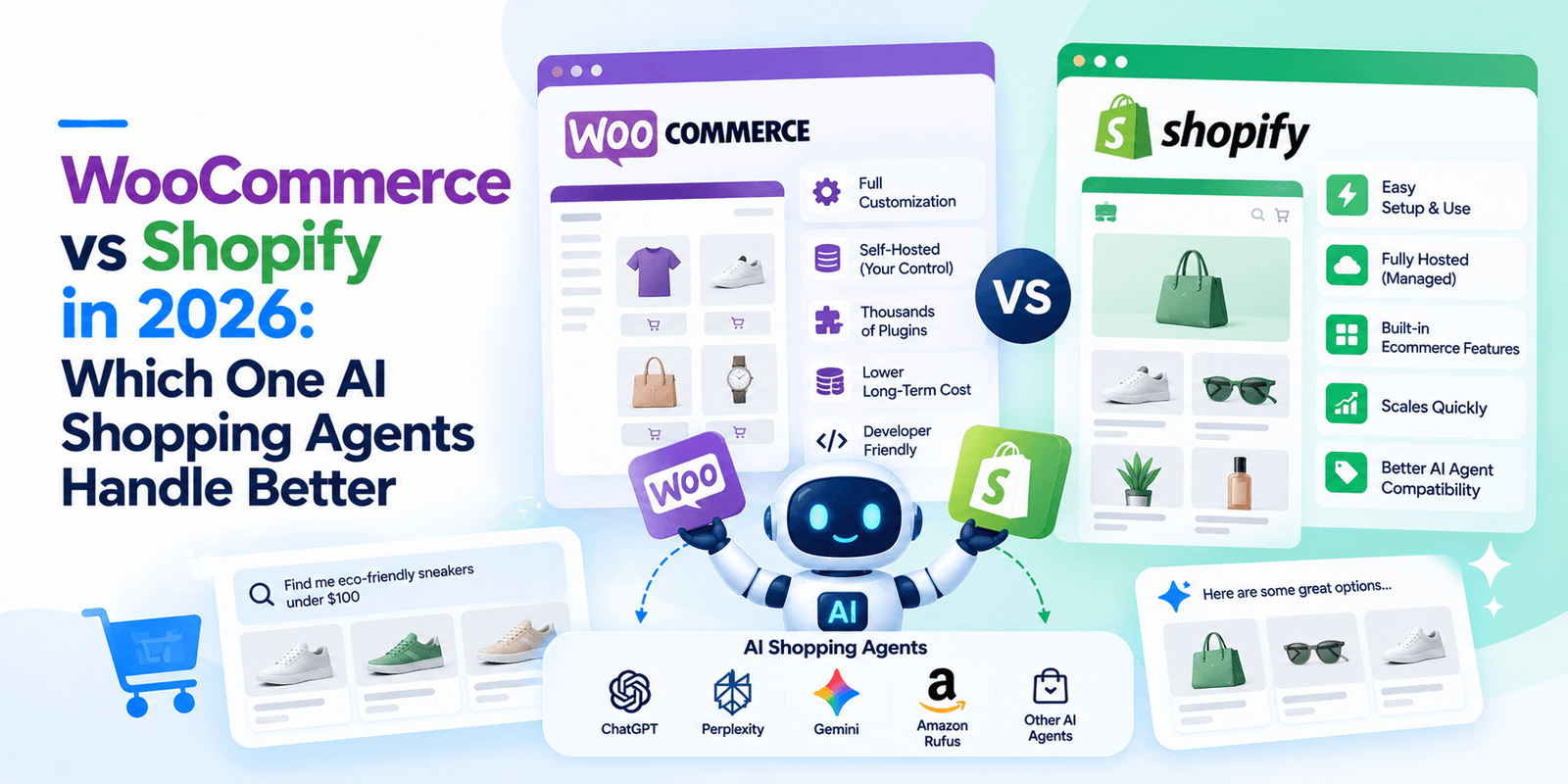 Comparison diagram of WooCommerce and Shopify agentic commerce capabilities for AI shopping agents in 2026